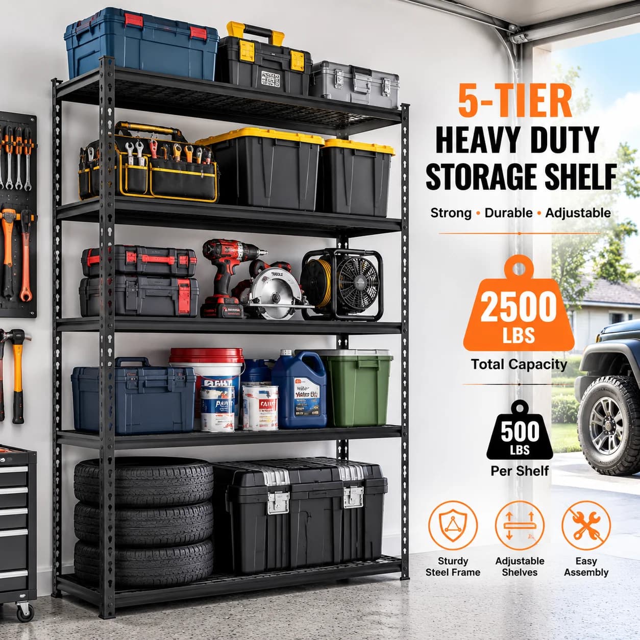 2500LBS 48“ Heavy Duty Storage Shelving Unit 5 Tier Adjustable Metal Garage Shelf Steel Storage Rack Organizer for Workshop Kitchen Pantry Basement Warehouse