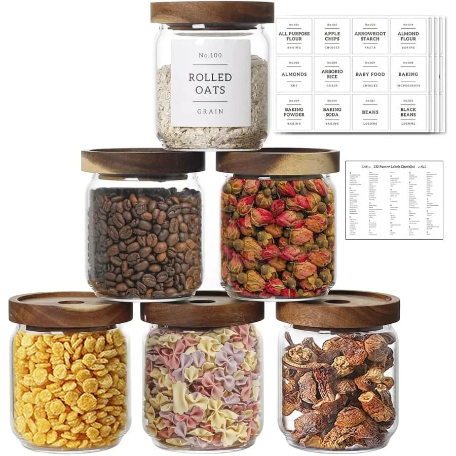 Barattoli di conservazione degli alimenti in vetro impilabili da 16 OZ con 132 etichette per dispensa Pre stampati Contenitori di stoccaggio in vetro addensato da 6 pezzi con ermetico