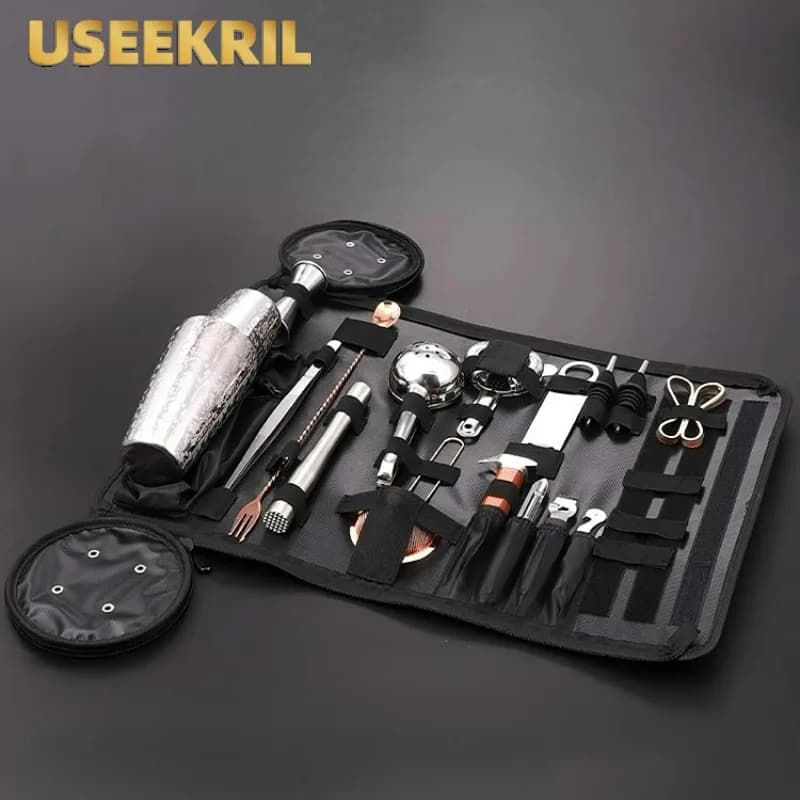 Borsa portaoggetti per cocktail shaker, set shaker in acciaio inossidabile, kit di attrezzi, strumenti per cocktail da bar, borsa da trasporto portatile per baristi