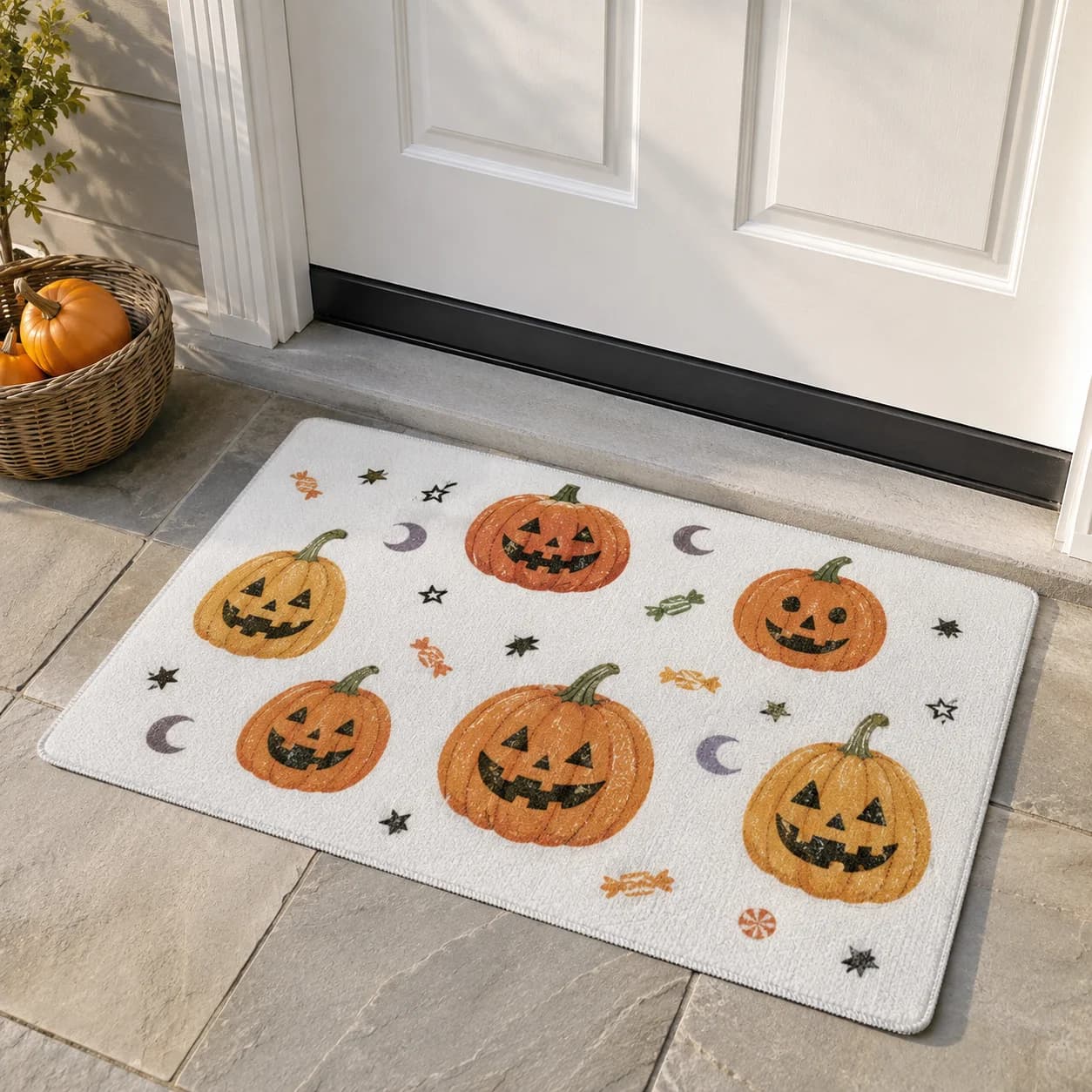Custom Halloween Anti‑Slip Quick‑Dry Doormat Cute Retro Pumpkin Candy Welcome Rug Floor Mat for Porch Entrance Holiday Decor