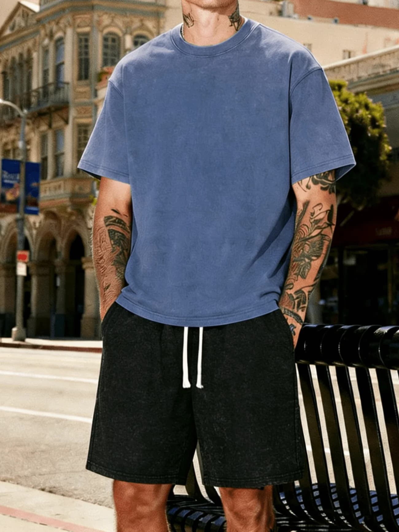 Men's Washed Distressed Casual Set Daily Commute Fitness Workout Short Sleeve T-Shirt And Shorts Two-Piece Suit