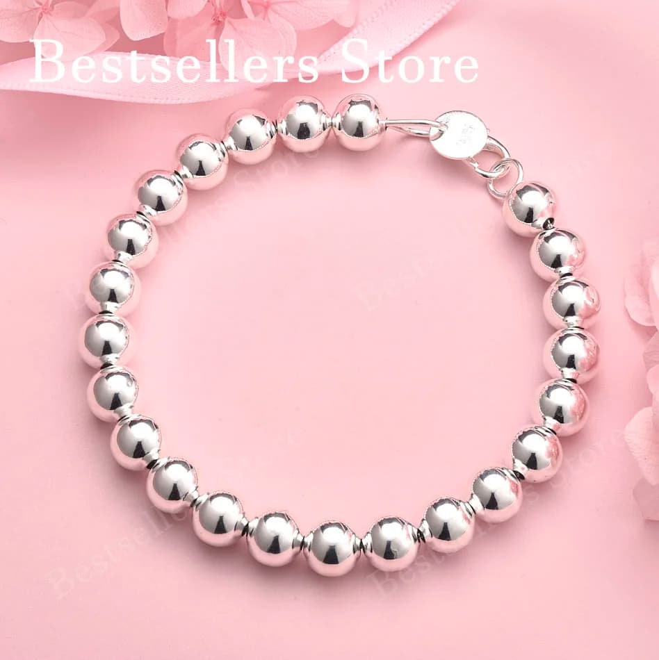 Bracciale con perline rotonde squisite da 8 pollici e 8 mm in argento sterling 925, gioielli alla moda per donne, accessori regalo per feste e matrimoni