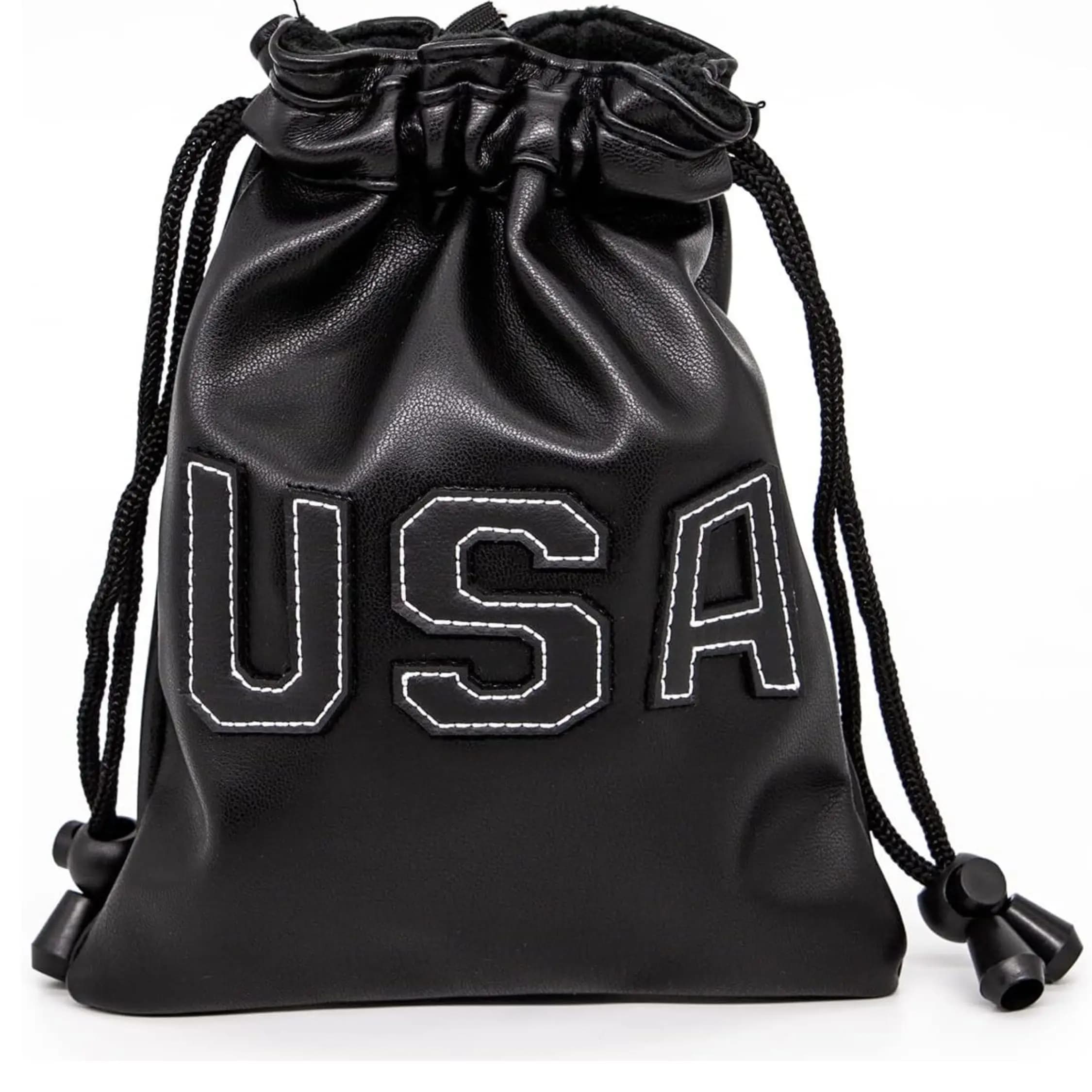 Custodia per tee da golf in pelle PU dal design USA con chiusura a coulisse Borsa per palline da golf Borsa per palline portatile, accessori per golfisti da uomo