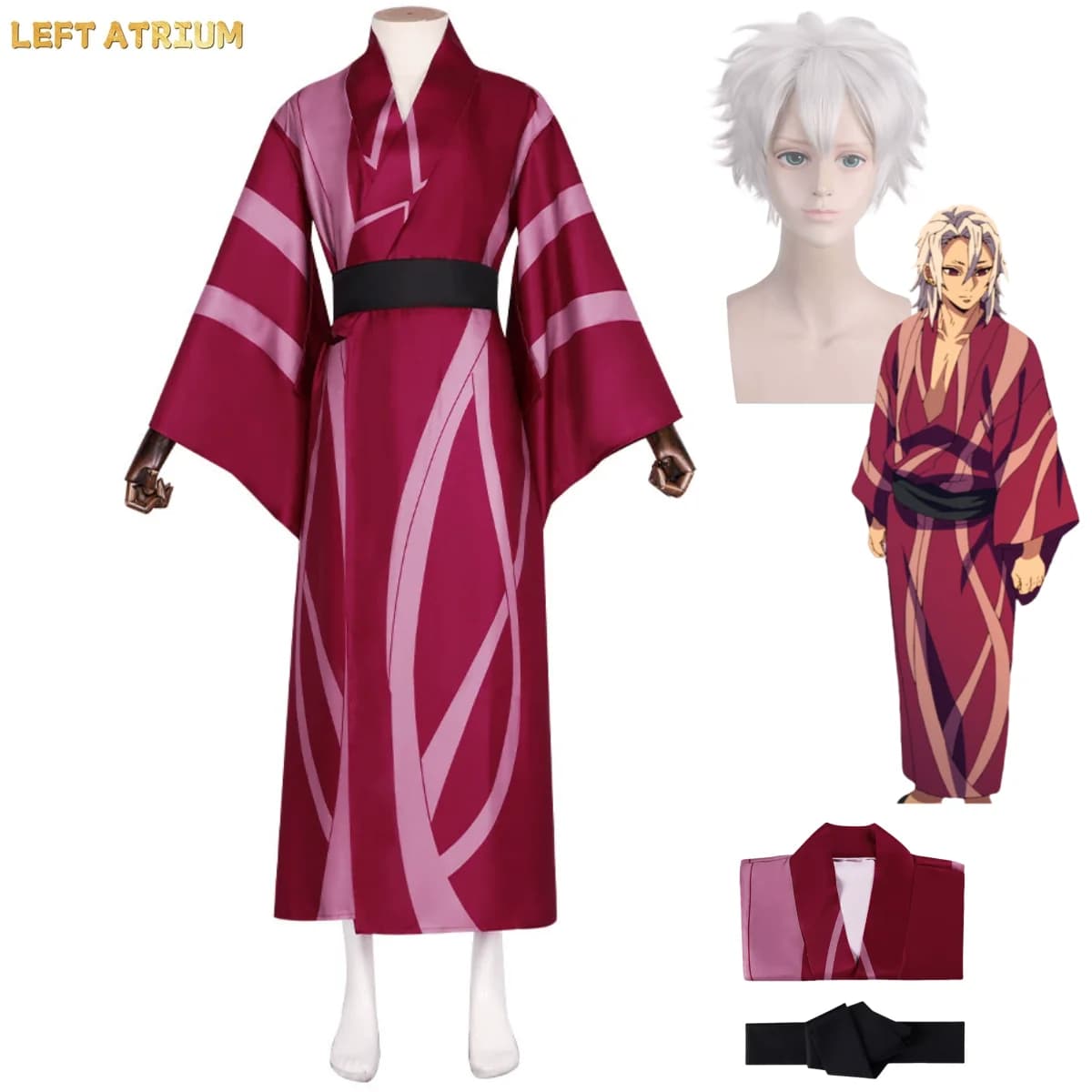 Anime Shinazugawa Sanemi Cosplay Costume Japanese Red Kimono Bathrobe Robe Wig Adult Man Woman Halloween Christmas Suit