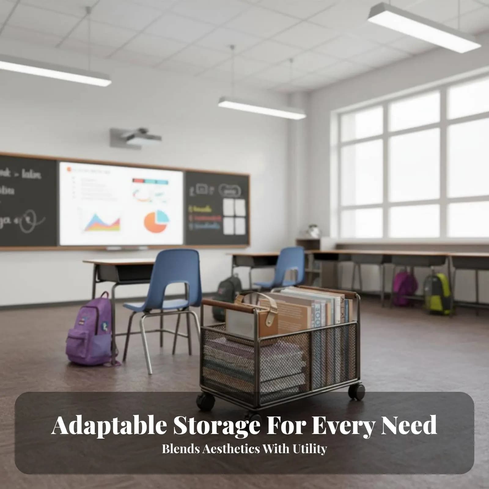 Book container with wheels, large capacity storage box with front opening for students and parents