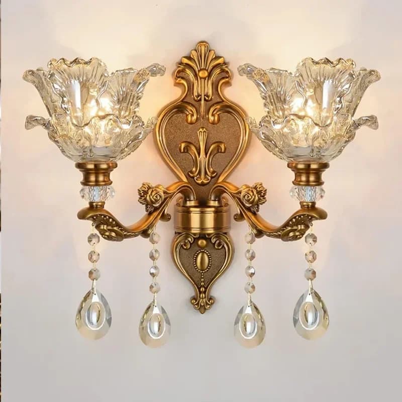 2026 New European Style Retro Crystal Glass Wall Lamp Dual Head Living Room Bedroom Indoor Bedside Lamp Corridor Lighting