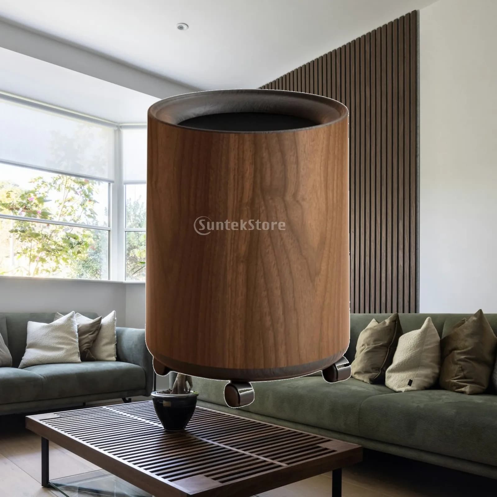 Trash Can with Wood Grain Compact Cylindrical Trash Can Wastebasket Easy to Clean Garbage Bin Stain-Resistant for Living Room