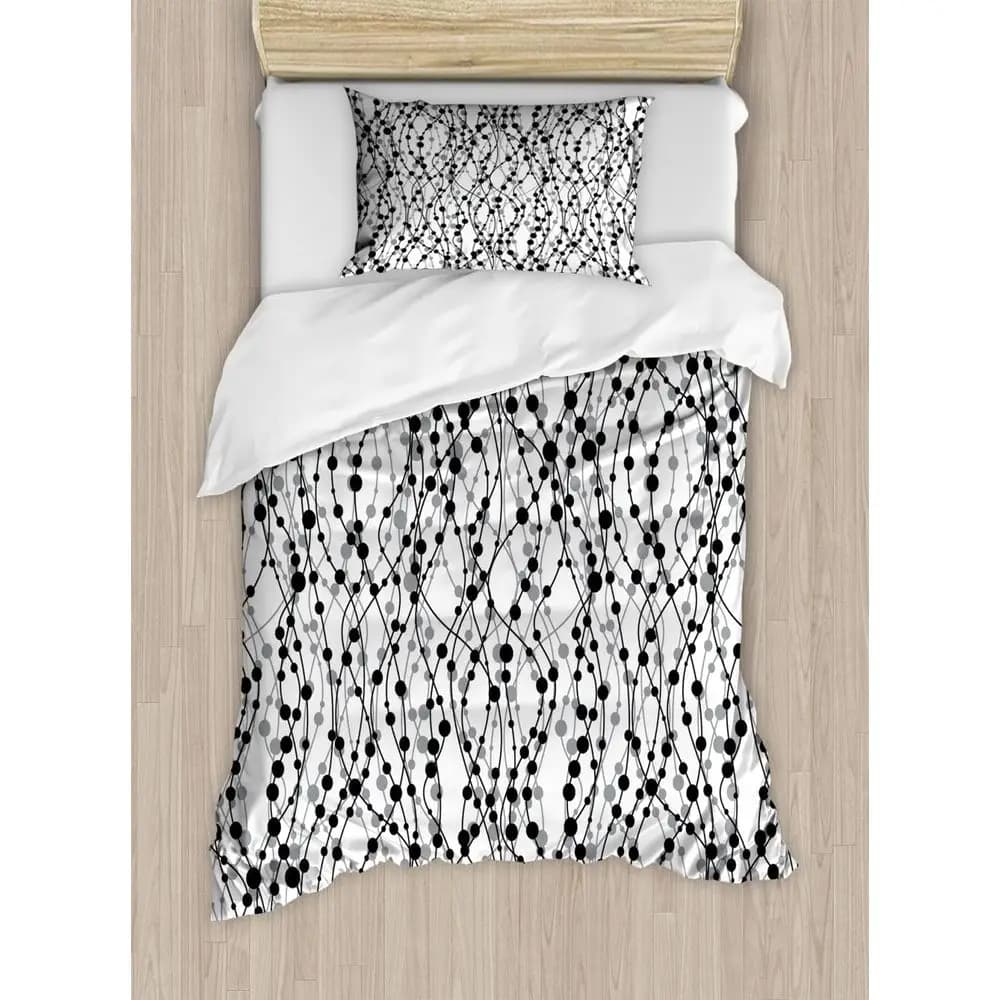 Set Copripiumino Ispirato agli Anni '80 - Linee e Punti Monocromatici, 2 Pezzi, Misura Queen, Nero, Grigio, Bianco