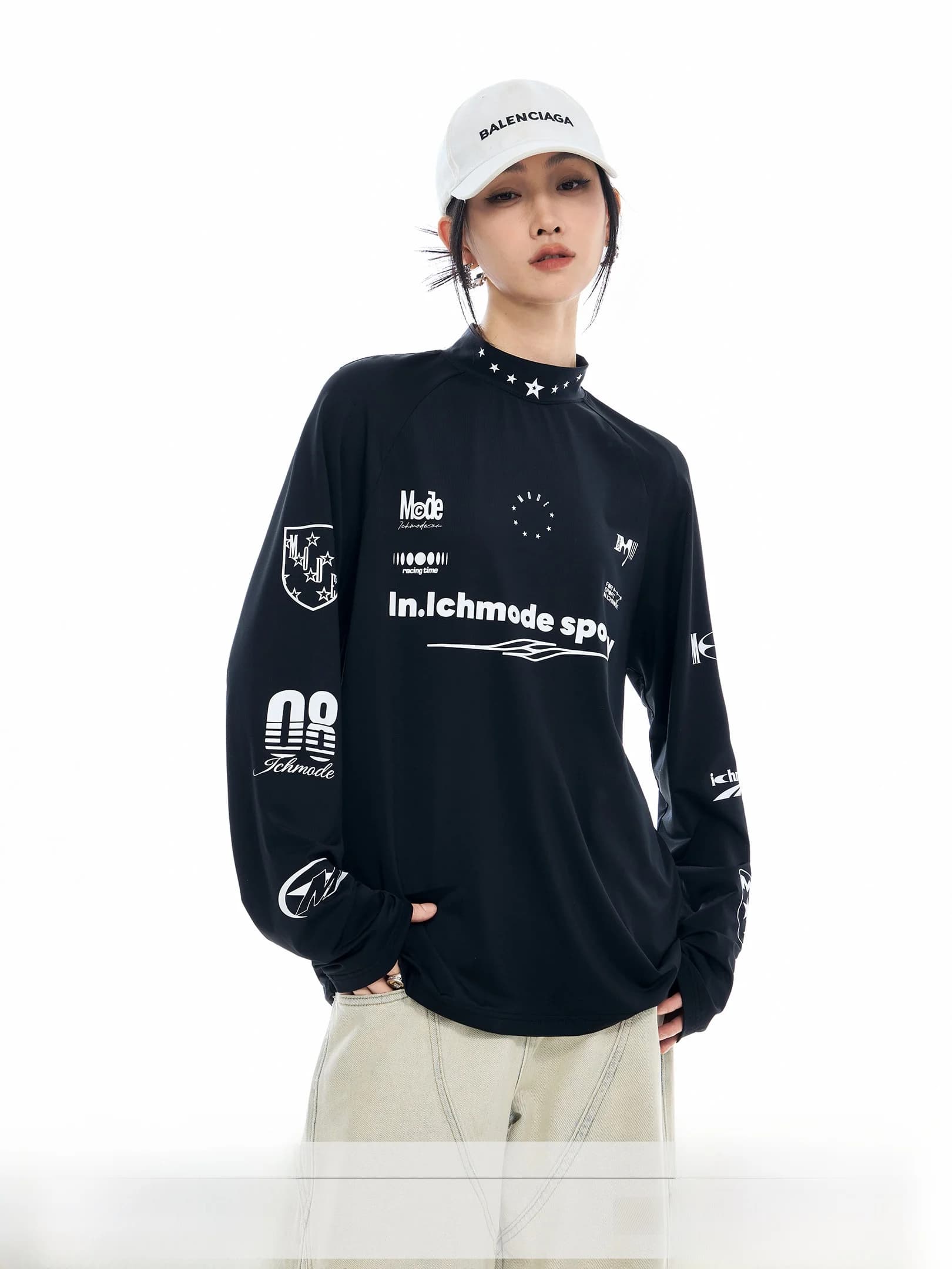 Ich Mode T-shirt a maniche lunghe con stampa auto da corsa, protezione solare fisica, top estivo da donna in stile street americano