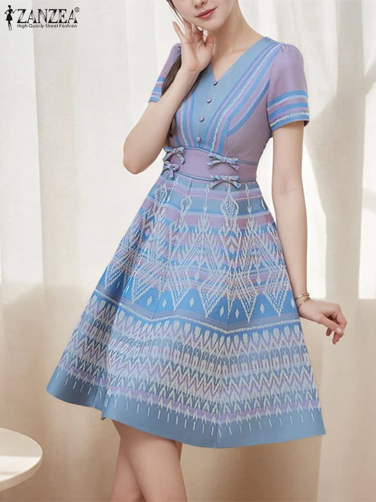 ZANZEA Elegante Ufficio OL Abito Moda Stampato Al Ginocchio Vestito Estivo 2025 Casual A Vita Alta A-Line Abito Manica Corta Vestido