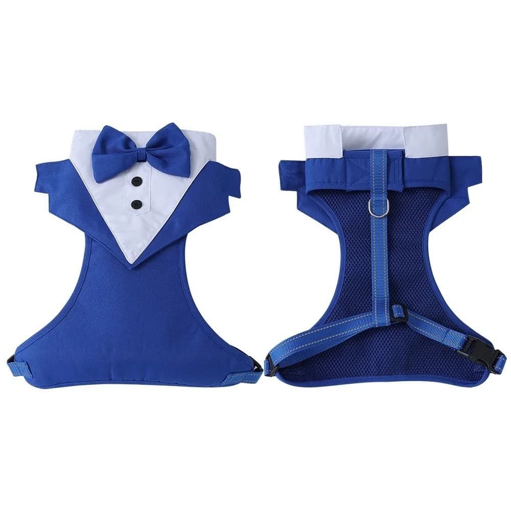 Nuovo kit smoking per cani in poliestere morbido e traspirante costume di fidanzamento per animali domestici con papillon imbracatura per gilet per animali domestici blu nero per gatti cuccioli