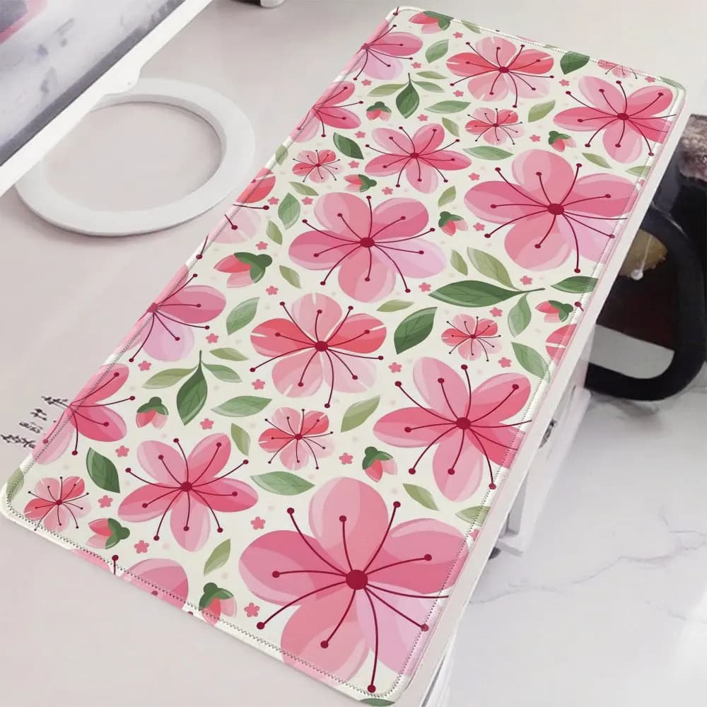 Tappetino da Scrivania Esteso con Motivo Floreale di Fiori di Ciliegio Rosa, Tappetino per Mouse da Gaming in Gomma Estetico e Carino