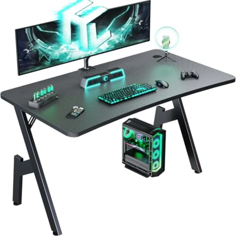 Scrivania da Gaming da 40 Pollici, Tavolo per Computer Compatto con Gestione Cavi, Ergonomico a Forma di A, Moderno Tavolo da Gamer in Fibra di Carbonio per PC
