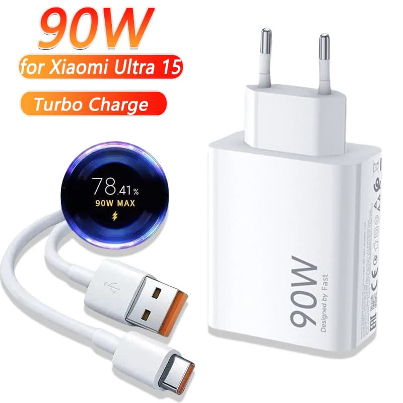 Caricabatterie USB Rapido 90W per Xiaomi 15 14 13 12 11 10 Ultra Note 12T 13 Pro Turbo, Cavo di Ricarica USB Tipo C a Ricarica Veloce