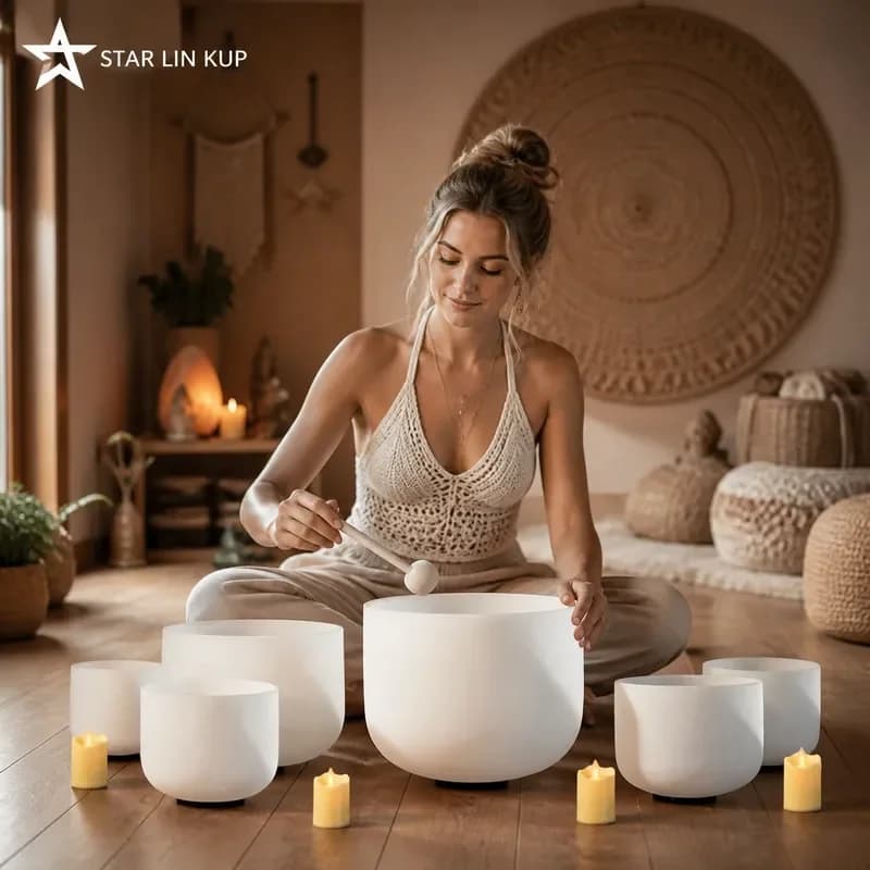 STAR LIN KUP 7pcs White Frosted Quartz Crystal Singing Bowls Set 6-12 Inch 432Hz Sound Healing Meditation Chakra Yoga with