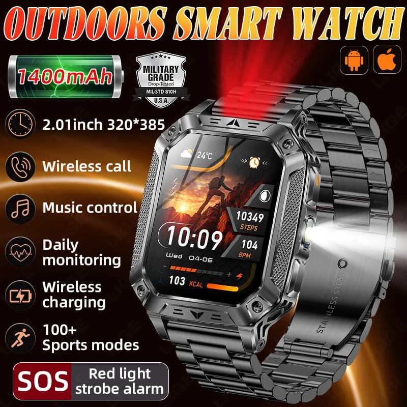 LIGE SmartWatch militare per esterni, orologio fitness da uomo, schermo AMOLED da 2,01 pollici, batteria da 1400 mAh, torcia, chiamate, impermeabile, Smart Band