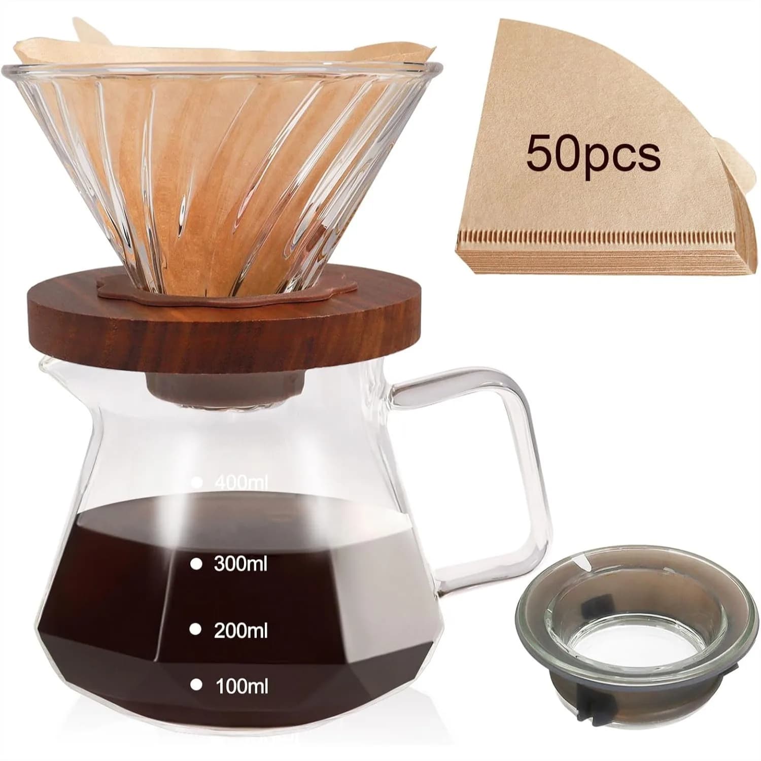 Caffettiera Pour Over in Vetro Borosilicato da 400ml con Base in Legno di Noce, 50 Filtri Inclusi per Preparazioni Quotidiane