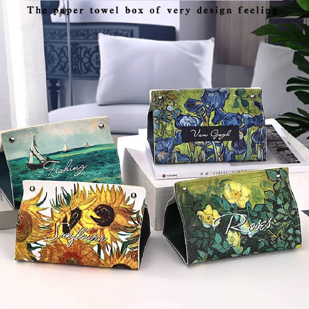 Pu Leather Tissue Box Container Van Gogh Oil Painting Pattern Napkin Tissue Holder Papers Storage Cosmetic Case Pouch Organizer