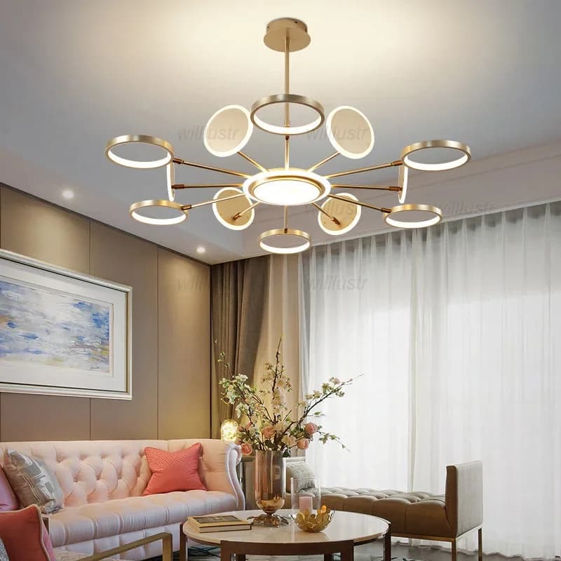 Creative Iron Acrylic Pendant Lamp Metal Ring Suspension Light Dimmable LED Molecular Hanging Chandelier for Hotel Cafe Bar
