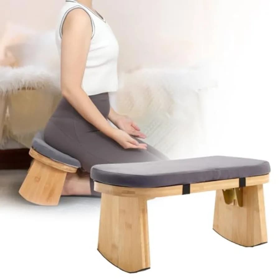 Meditation Bench Folding Meditation Chair with Cushion Bamboo Meditation Stool with Anti-Slip Mat Adjustable Yoga Stool with Cu