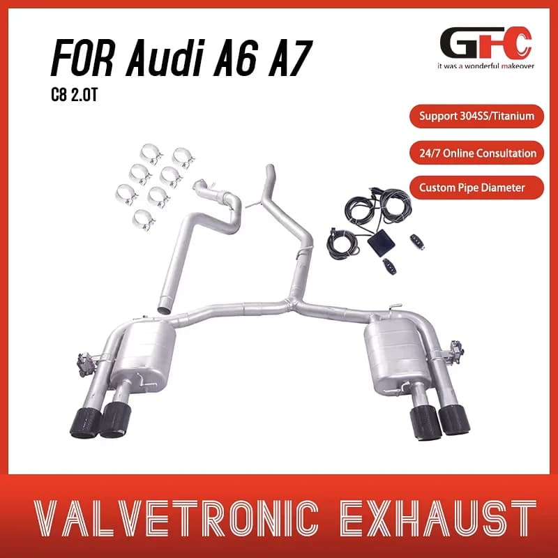 Sistema di scarico cat-back in SUS304 per Audi A6 A7 C8 2.0T (2019-2025), con silenziatore a valvola, compatibile con diversi diffusori