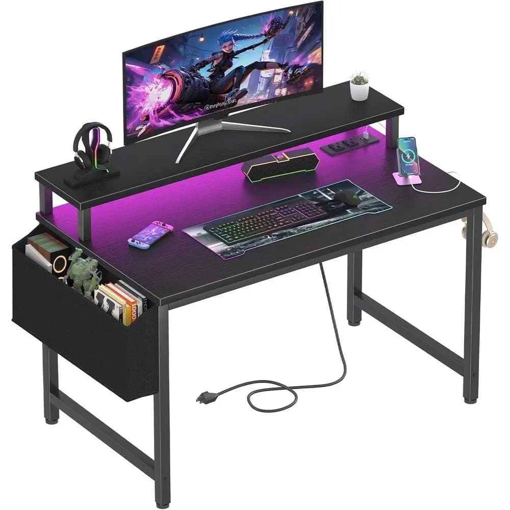 Computer desk with 32 LED lights, power sockets, monitor support and charging station for teenagers, black