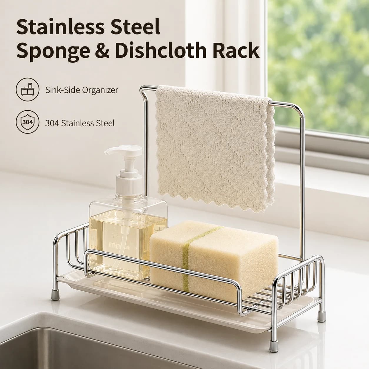 304 Stainless Steel Sink Caddy with Drain Tray, Sponge Soap Dispenser Holder and Dishcloth Drying Rack for Kitchen Countertop