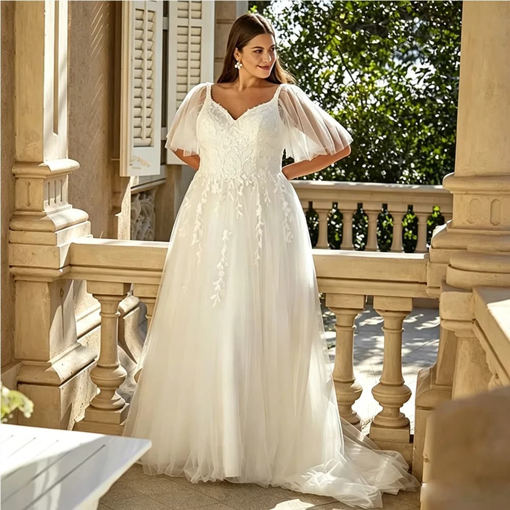 Plus Size Wedding Dresses Bride V-neck A-line Bridal Gowns Backless Short-sleeved Lace Up Applique Vestidos De Novial Customized
