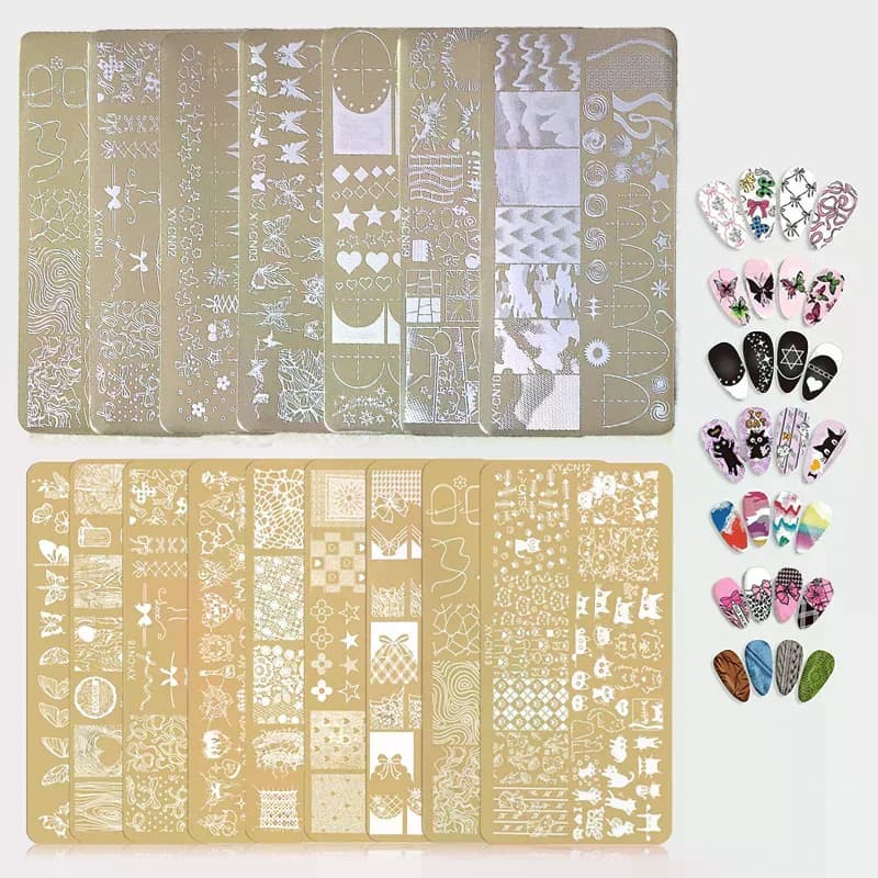 Stencil for Nails 12x6cm, Rectangular Golden Stamping Plates with Flakes, Butterflies, Flowers and Cats, Artistic Model for Decorations