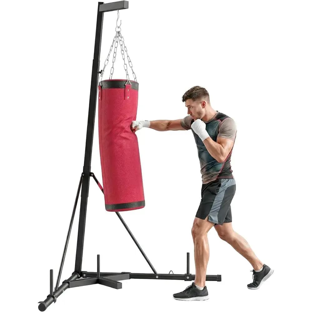 Supporto da boxe regolabile in altezza 72.8-90.9 con sacco da boxe in tela per adulti, con base triangolare stabile e piatto per pesi