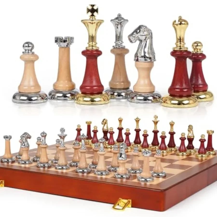Grande set di scacchi in legno per casa e ufficio: scacchiera in legno di noce, pezzi in metallo/legno nero e oro, design di lusso da 17 pollici con 2 pezzi extra