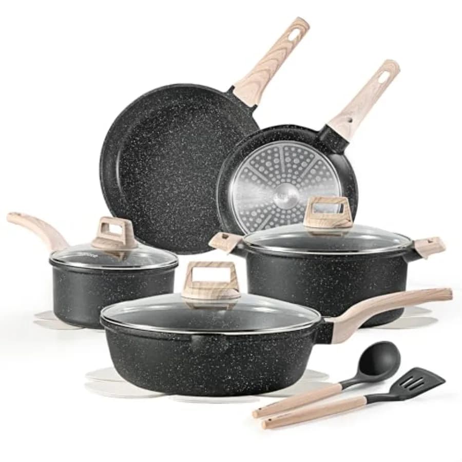Set di Pentole Antiaderenti da 14 Pezzi Compatibili con Induzione, Pentole e Padelle in Granito con Padelle per Friggere, Casseruole e Padella Extra Large