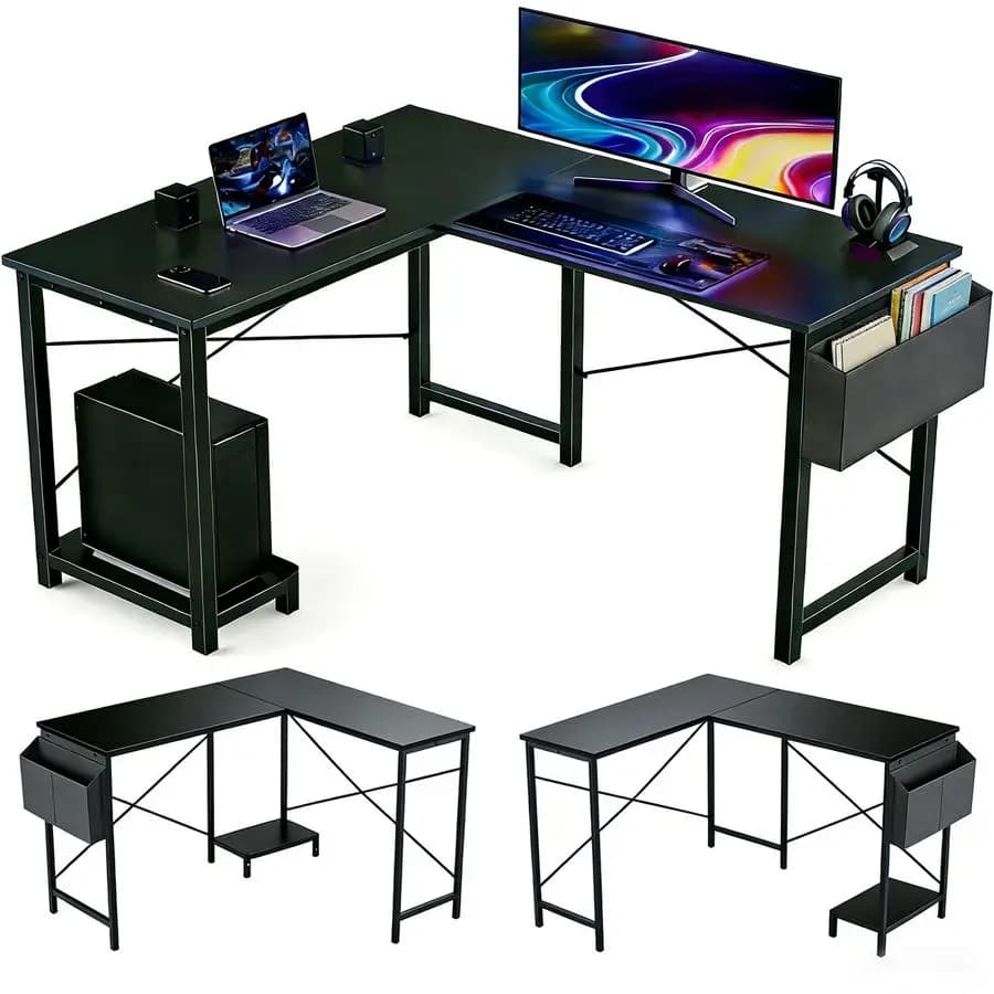 Scrivania Sagomata, Tavolo da Gaming ad Angolo Reversibile da 50 Pollici con Supporto CPU e Borsa Portaoggetti, Postazione PC con Robusta Struttura in Metallo