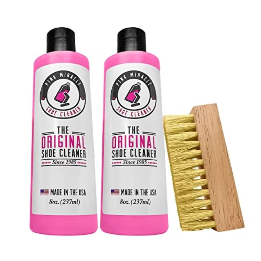 Kit di Pulizia per Scarpe Pink Miracle, Detergente per Tessuti, per Scarpe Bianche in Pelle e Sneakers in Nabuk, Confezione da Due, Due Flaconi/Una Spazzola