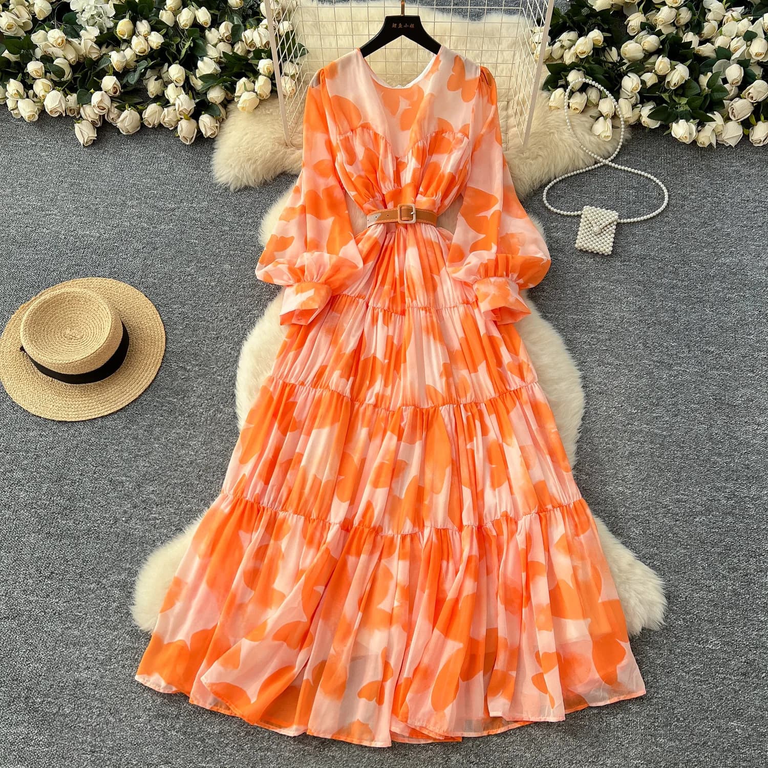 Abito Estivo da Donna Francese con Scollo a O, Maniche a Lanterna, Stampa, Lungo in Chiffon, Stile Bohemien da Spiaggia, Vestito Femminile
