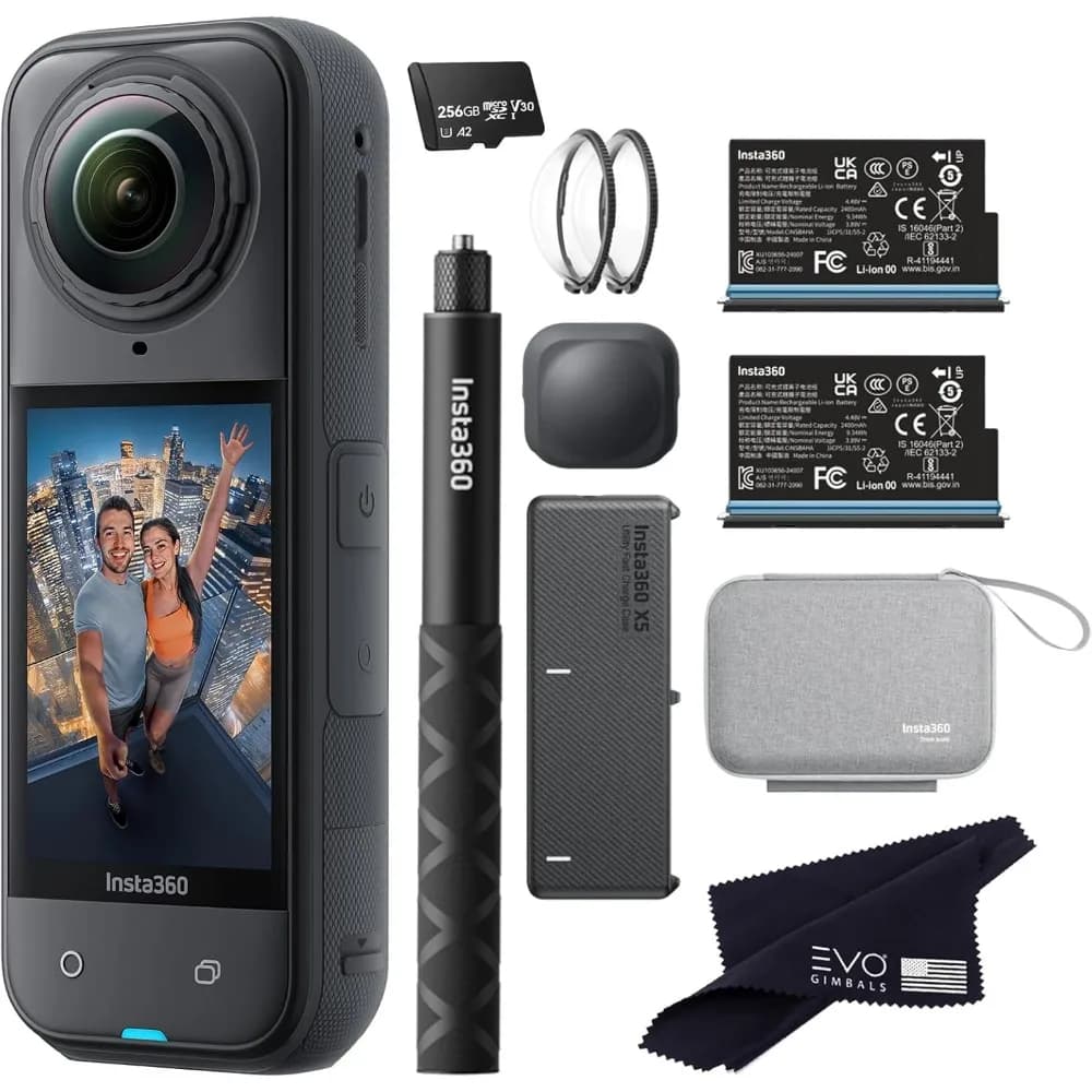 Videocamera d'Azione Impermeabile 360° 8K Ultra HD con Asta Selfie, Batteria Extra, Custodia per Ricarica Rapida, Bundle da 256GB