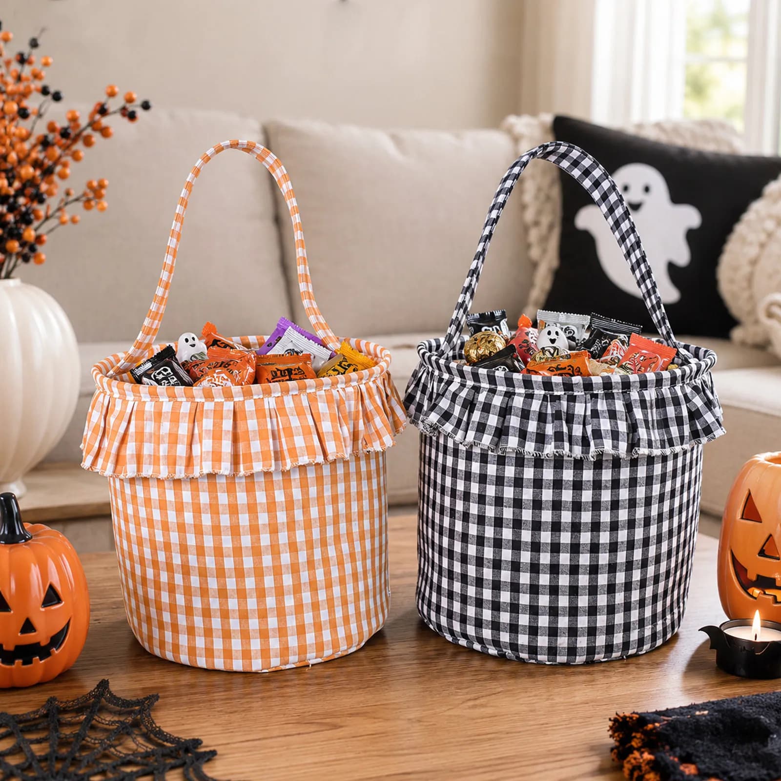 Plaid Grid Fabric Storage Basket Household Washable Decorative Bins Ins Quilted Foldable Halloween Christmas Package Bags