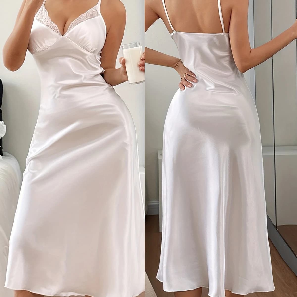 Sexy Lace Trim Long Breathable Ice Silk Strap Sleepwear Casual V-Neck Backless Dress Comfortable Summer Nightgown Homedress