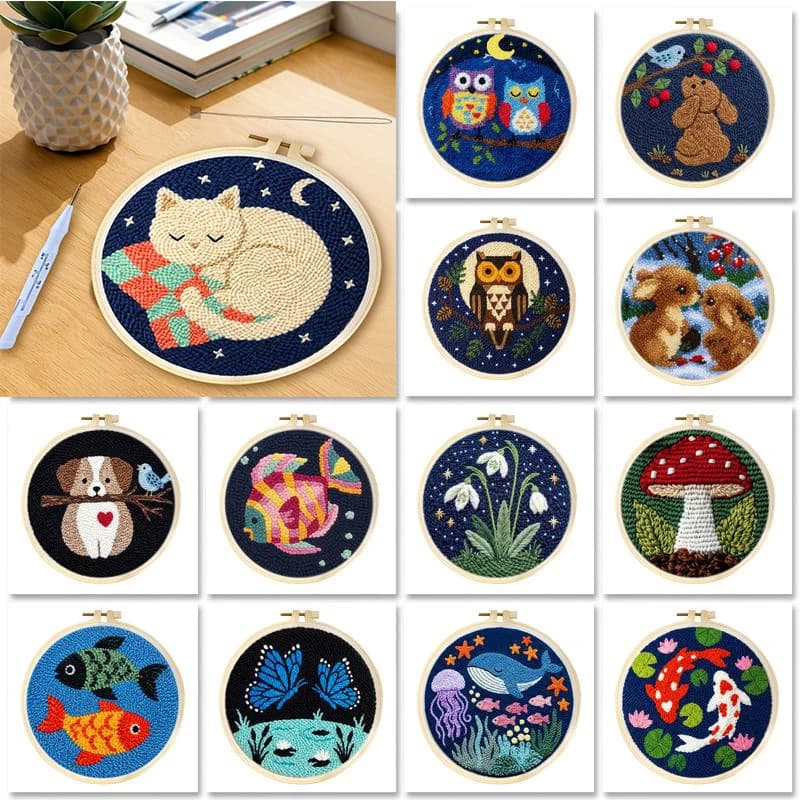GATYZTORY Punch Needle Embroidery Kit for Beginners Animal Pattern DIY kit Craft Set with Hoop Needle Art Sewing Home Wall