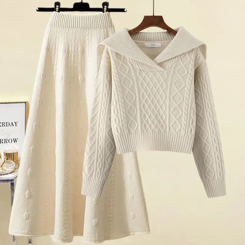 Completo casual in maglia da donna taglie forti, effetto snellente, autunno inverno, con scollo a V, maniche lunghe e gonna midi a vita alta