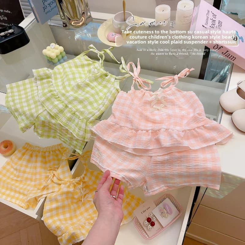 Nuovo Set Estivo per Bambine: Top a Bretelle e Gonna a Quadri con Fiocco, Completo Elegante per Neonati e Bambini