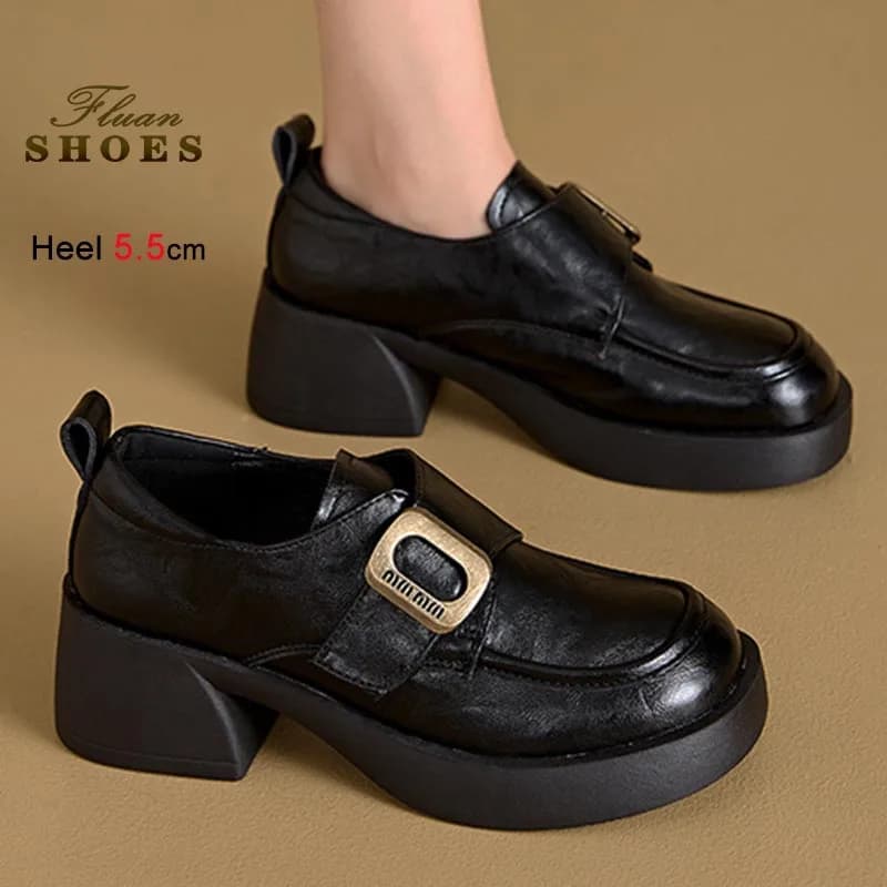 2025 autunno stile britannico donna mocassini in vera pelle 5.5CM piattaforma tacco grosso scarpe singole moda bocca profonda scarpe casual