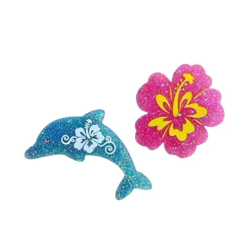 【JYA1】Dolphin Animal Hair Clip Glitter Blue Dolphin Pink Hibiscus Flower Barrettes With Tropical Design Hair Clips Jewelry