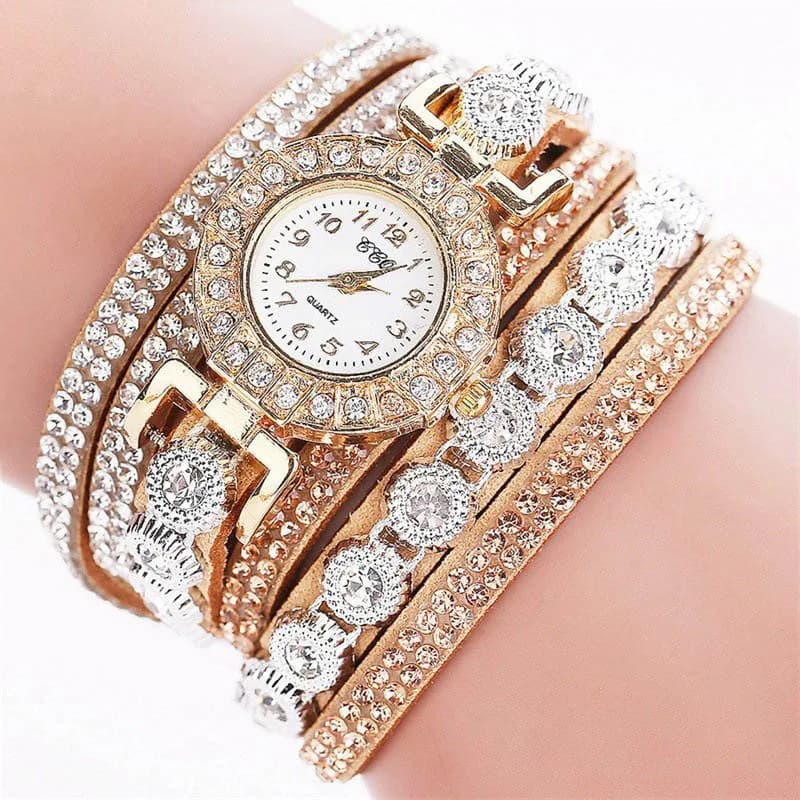 Women's Quartz Watch With Sparkling Leather Wrap With Fashionable Rhinestones