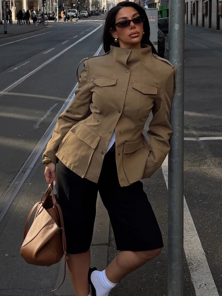 HH Fashion Women Slim Safari Blazer Jacket 2026 Stand Collar Long Sleeve Pocket Vintage Trench Coat Female Elegant Street Blazer