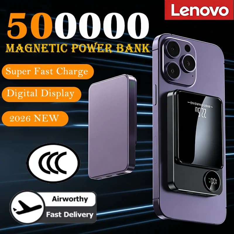 Power Bank Magnetico Wireless Lenovo 500000mAh, Ricarica Super Veloce PD22.5W, Batteria Esterna Portatile per Huawei iPhone Samsung