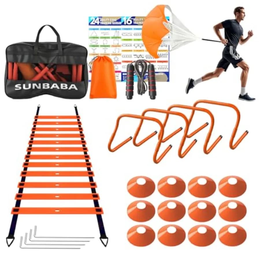 Set di Attrezzature per Allenamento di Agilità e Velocità con Scala Agility da 6 Metri, 4 Ostacoli, 12 Coni, Corda per Saltare e Paracadute da Corsa - Ideale per l'Allenamento