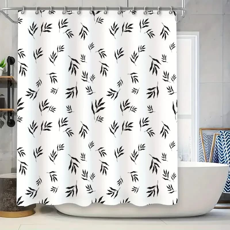 Set di tende da doccia decorative con foglie bianche e nere per l'arredamento del bagno, tessuto impermeabile con ganci (bianco)