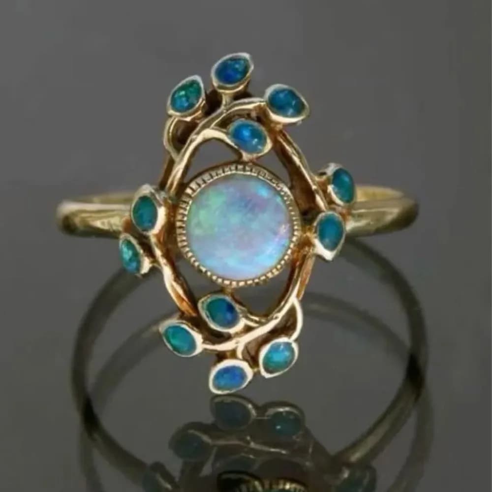1PC Trendy Stackable Leaf Round Faux Opal Ring Light Luxury Dainty Index Finger Ring Creative High End Handmade Jewelry for Women Daily Commute Office Party Gift