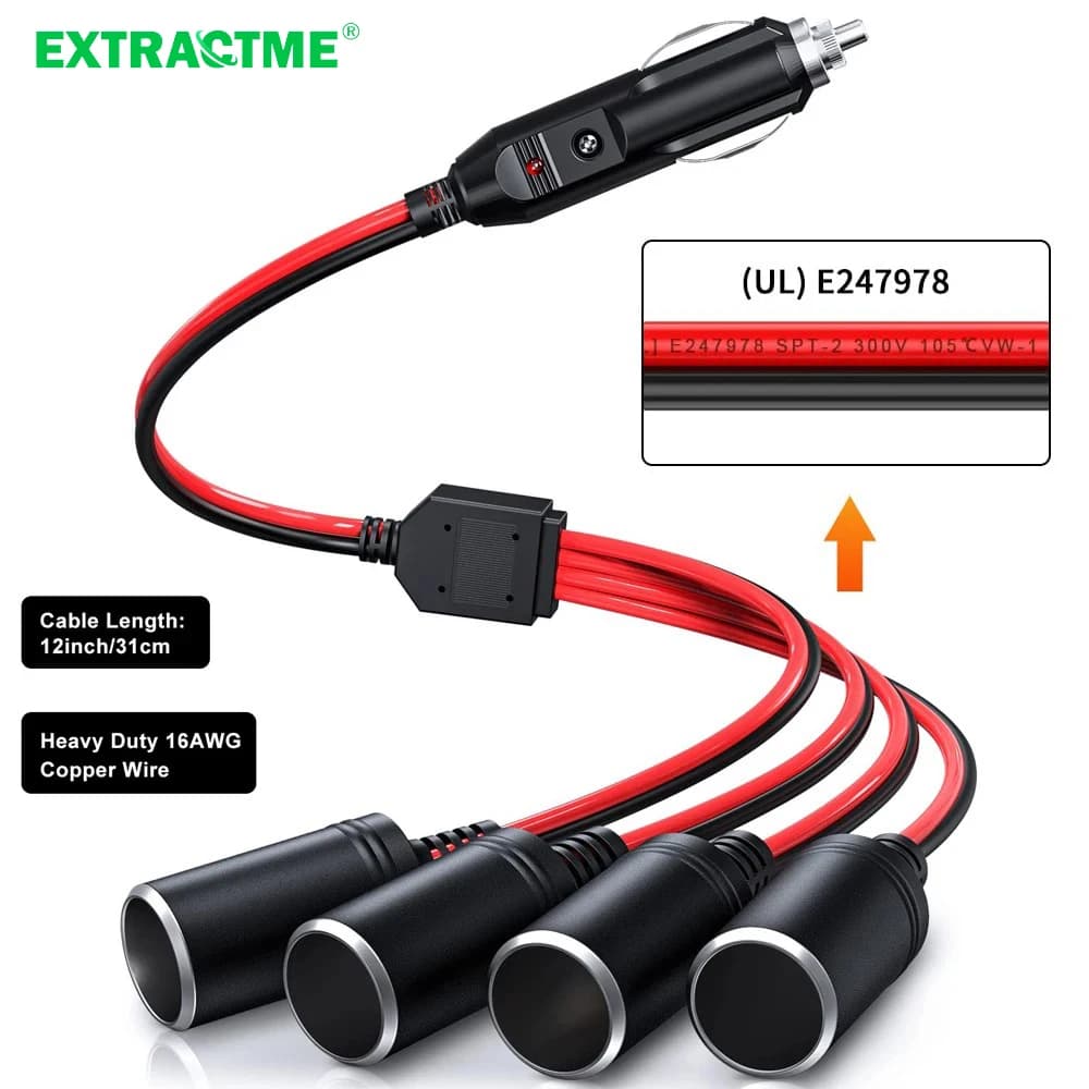 16AWG extract from 1 to 4 Car cigarette lighter splitter adapter 12V/24V charger Extension cable for cigarette lighters